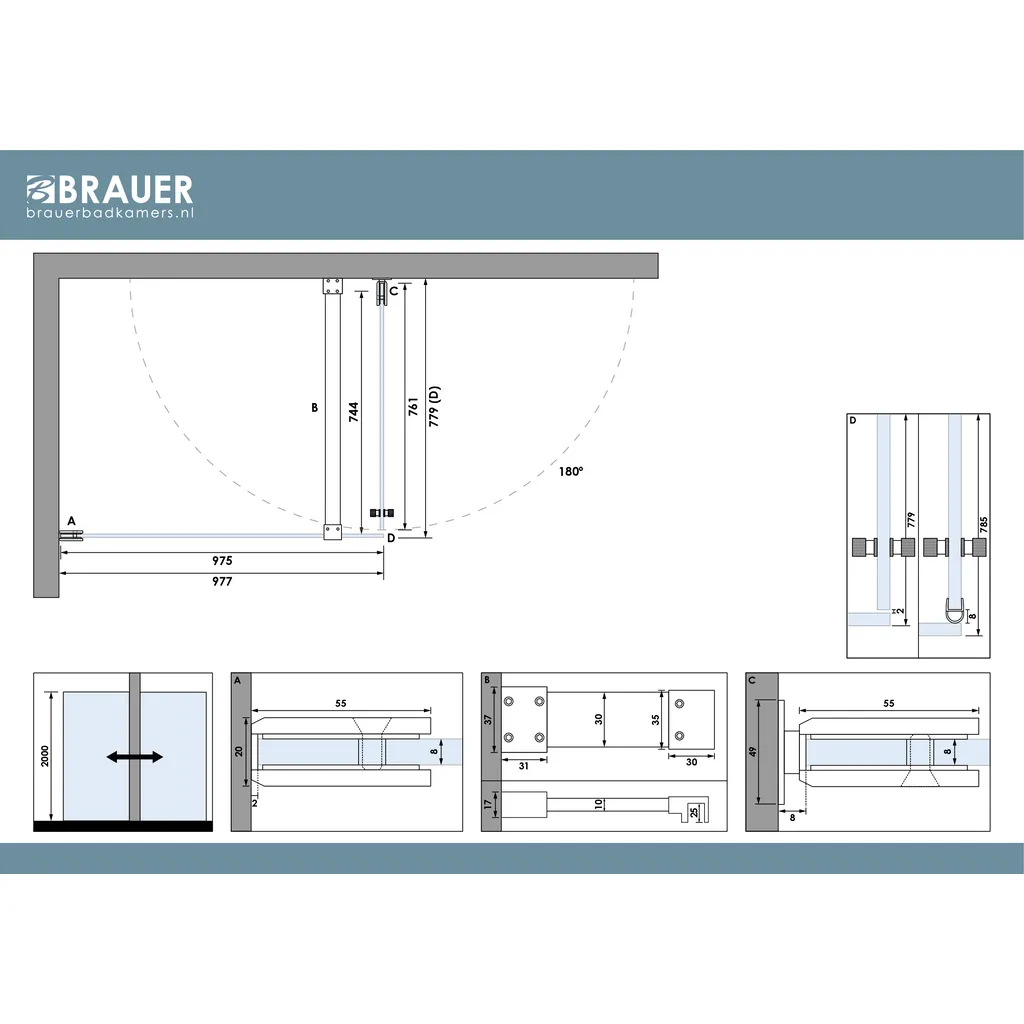 Brauer Void Carving douchecabine met draaideur helder glas 80x100x200cm incl. glascoating PVD koper geborsteld 7 maattekening 1 Brauer Void Carving douchecabine met draaideur helder glas 80x100x200cm incl. glascoating PVD koper geborsteld